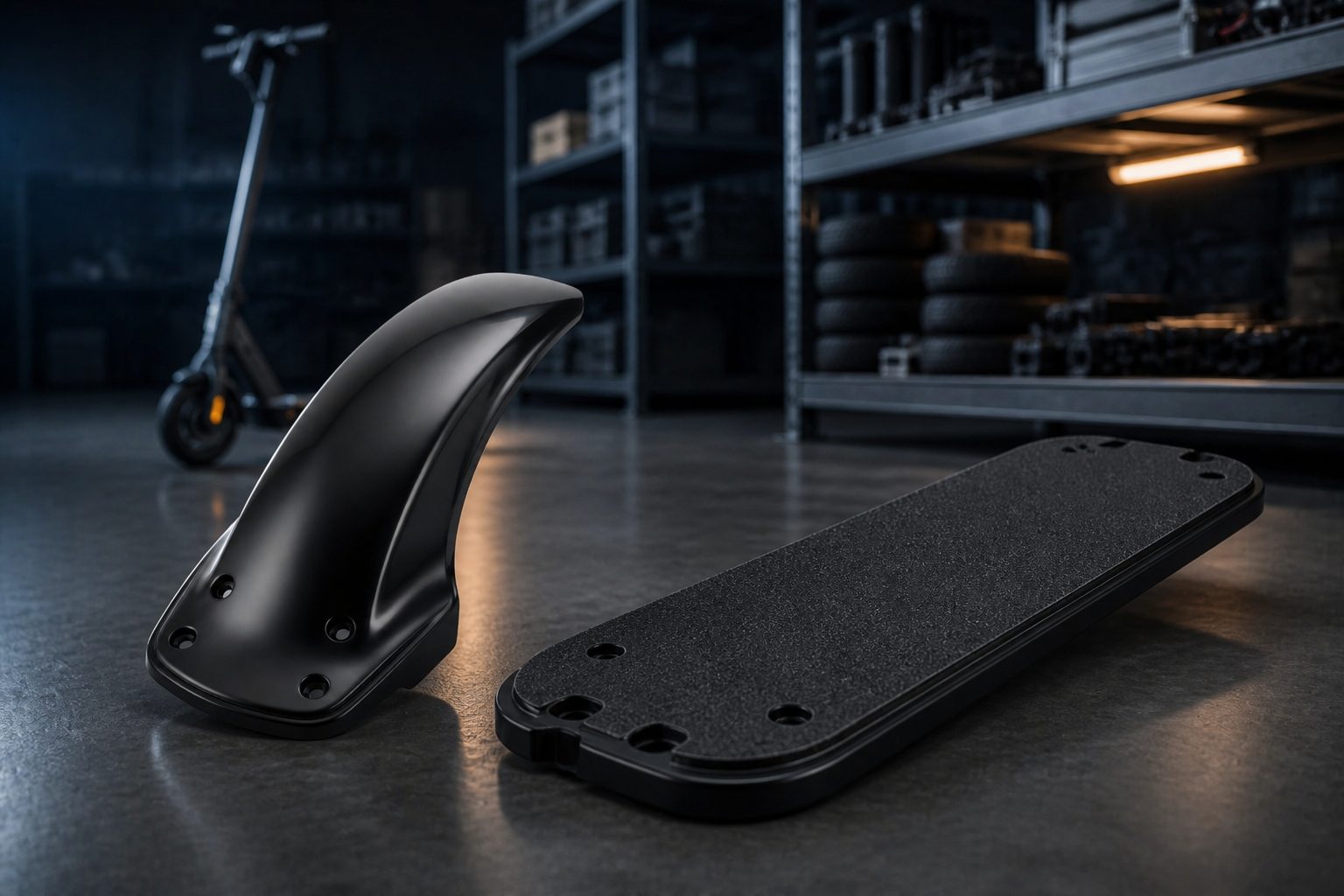 Illustrative rear fender and deck panel on concrete warehouse flooring