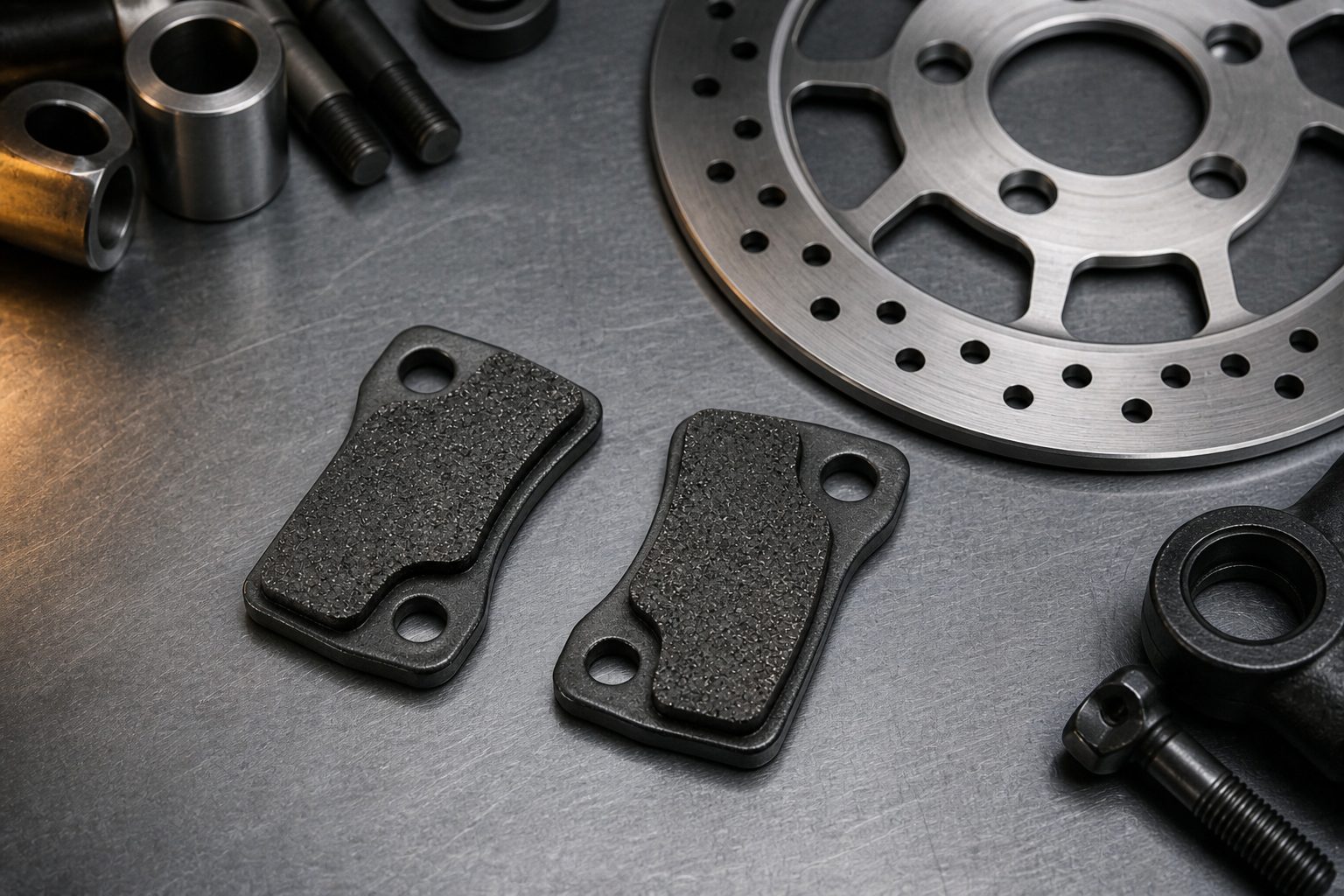 Illustrative disc brake pads and rotor laid out on a workbench