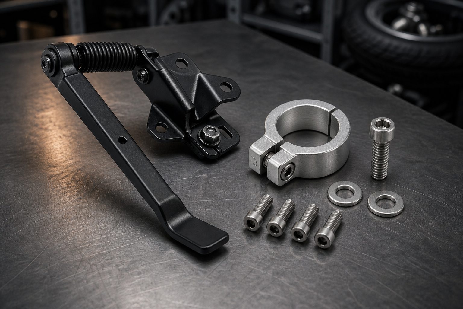 Illustrative kickstand assembly and seat clamp hardware kit