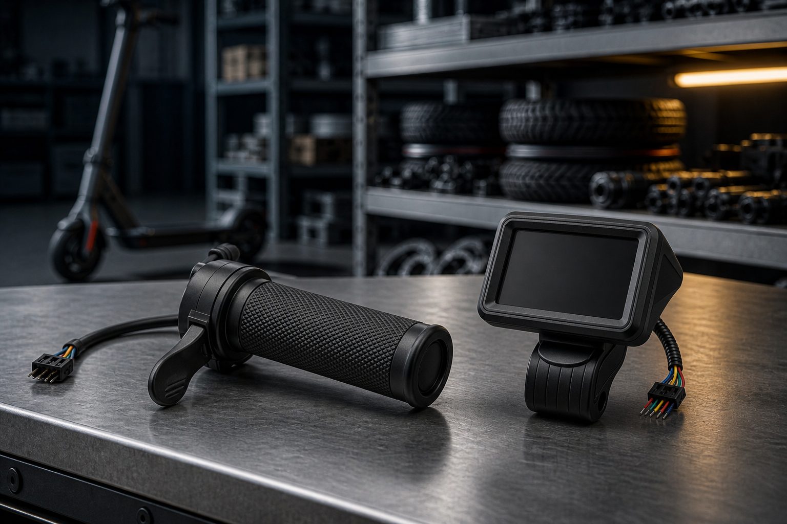Illustrative throttle grip and handlebar display on a steel workshop bench