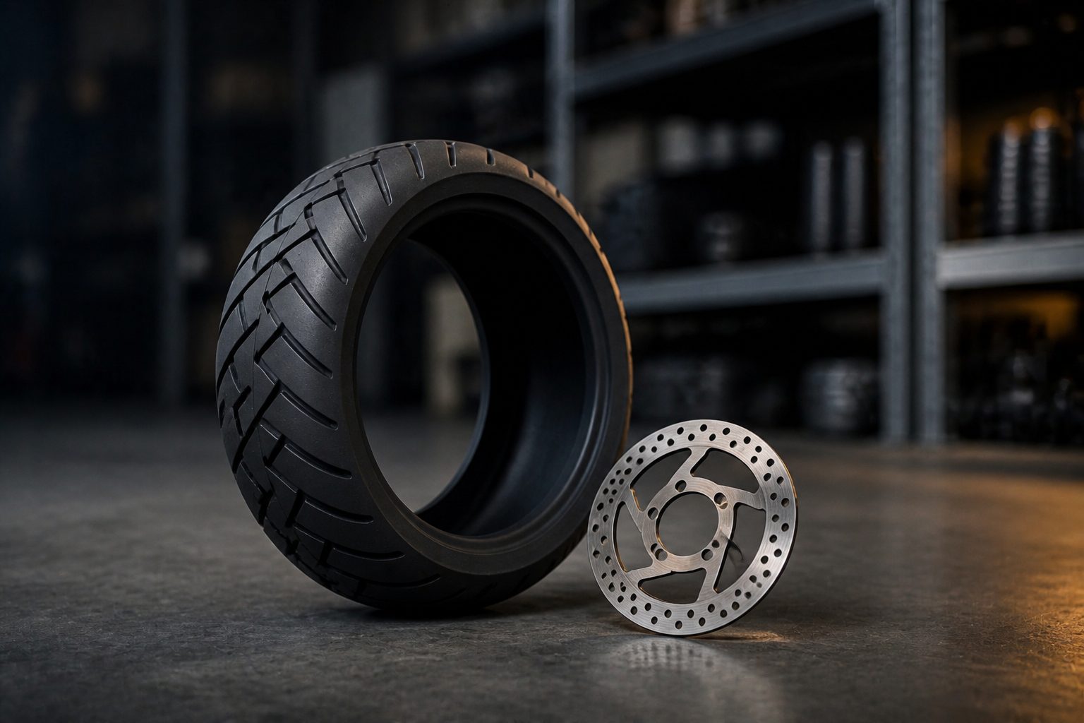 Illustrative pneumatic scooter tire beside a brake rotor in a warehouse aisle