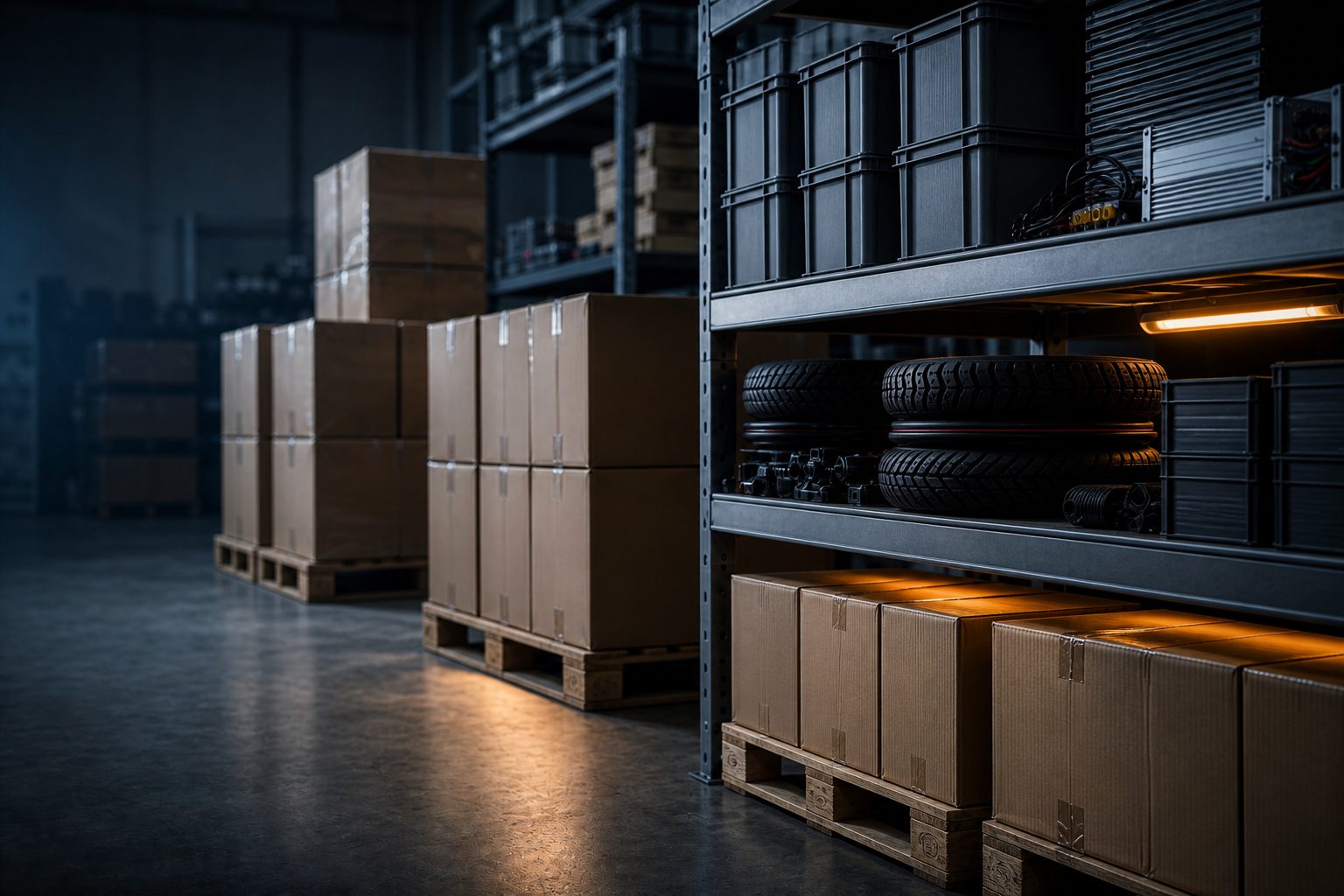 Illustrative warehouse packing aisle with cartons and parts bins ready for wholesale shipping
